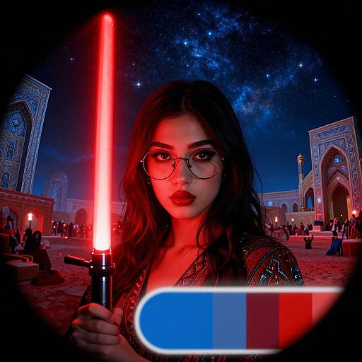 Photograph of a woman with long dark hair, glasses, and red lipstick, holding a glowing red lightsaber in a nighttime, starry sky,