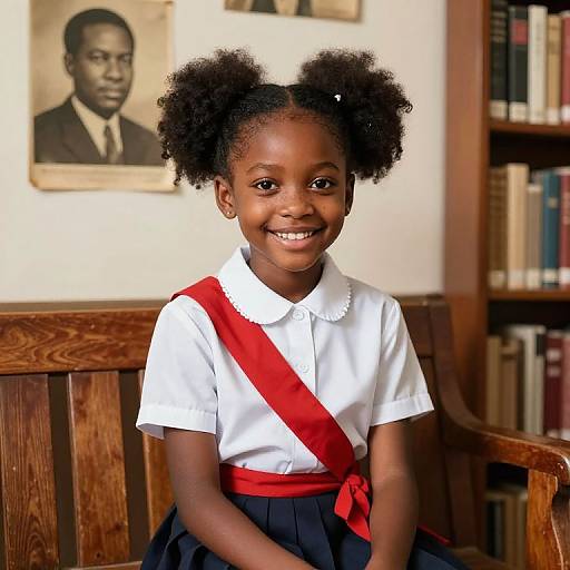 Photograph of a smiling young African girl with curly hair in puffy puffs, wearing a white shirt, red sash, and navy skirt,