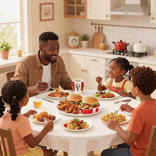 Photograph of a happy black family of five enjoying a meal together in a bright, sunlit kitchen, with burgers, fries, and drinks on the