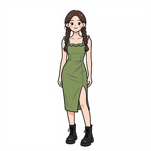 Digital drawing of a smiling woman with long brown hair in a green, strapless, knee-length dress with a side slit, wearing black ankle boots.