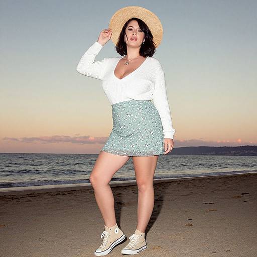 Photograph of a curvy woman with fair skin and black hair, wearing a white V-neck top, light blue sequin skirt, beige hat,