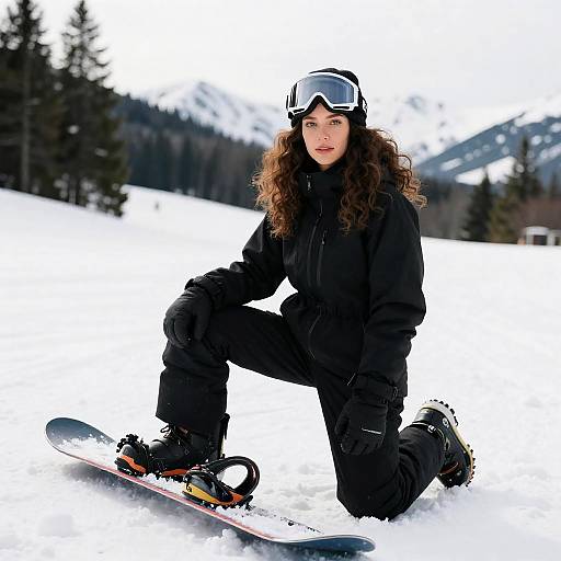 Woman Snowboarding in Winter Mountains
