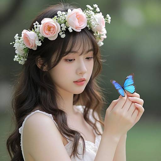 Photograph of a fair-skinned, long-haired Asian woman with a flower crown, wearing white lace, gently holding a blue butterfly. Blurred green