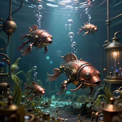 Steampunk-style underwater scene with copper-finned fish, bubbles, lanterns, and green plants illuminated by blue light, creating a whimsical,