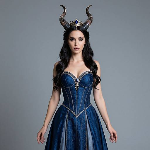 Photograph of a dark-haired woman with black, curved horns, wearing a blue, corseted, strapless dress with gold embroidery, and a