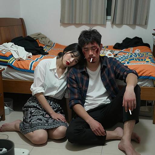 Intimate Moment in a Cluttered Bedroom