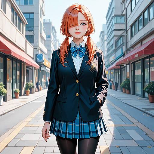 Digital anime-style artwork of a red-haired girl in a black school blazer, blue plaid skirt, and black leggings, standing on a sunlit