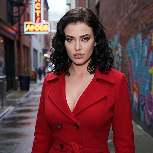 Photograph of a fair-skinned woman with black curly hair, wearing a red double-breasted coat, standing on a wet, graffiti-covered urban alley