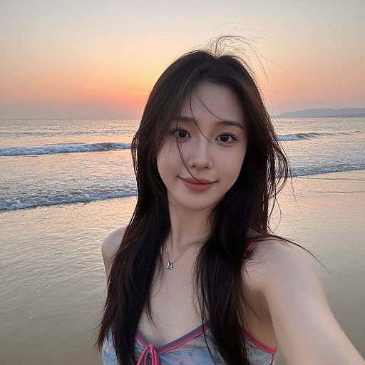 Photograph of an Asian woman with long black hair, wearing a gray tank top with pink trim, smiling at a sunset beach.