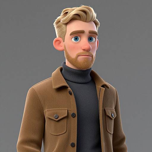 3D-rendered cartoon man with blonde hair, blue eyes, beard, brown corduroy jacket, black turtleneck, neutral gray background.