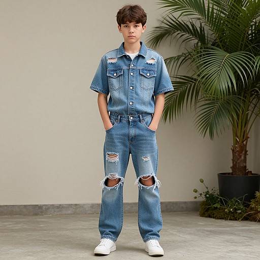 Photograph of a young boy with short brown hair, wearing a blue, ripped denim outfit with white sneakers, standing against a white wall and green p