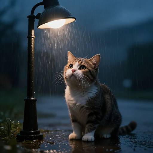Photograph of a curious, gray and white tabby cat with wide eyes, sitting under a glowing streetlamp in a rainy night, with droplets