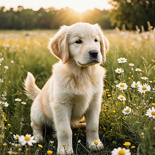 Golden Retriever Puppy in Sunlit Meadow