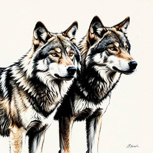 Minimalist Pencil Drawing of Male and Female Wolves
