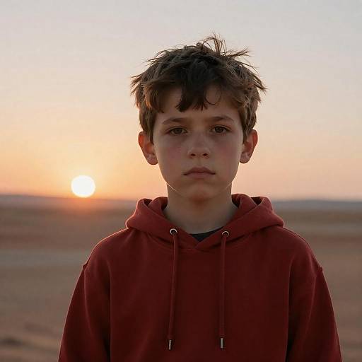 Serious Boy in Desert Sunset Scene
