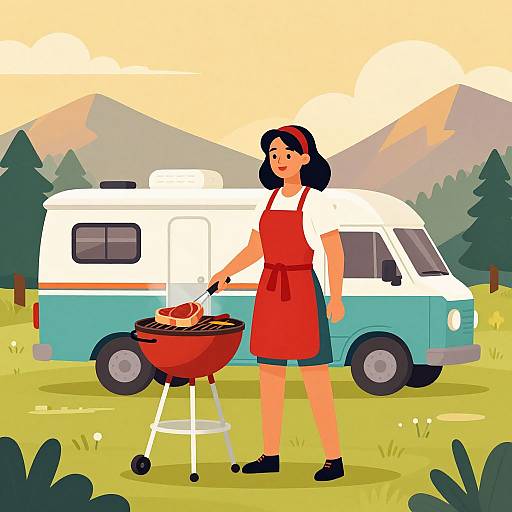 Digital illustration of a woman with black hair in a red dress and headband, grilling a sausage by a vintage camper van in a colorful, mountain