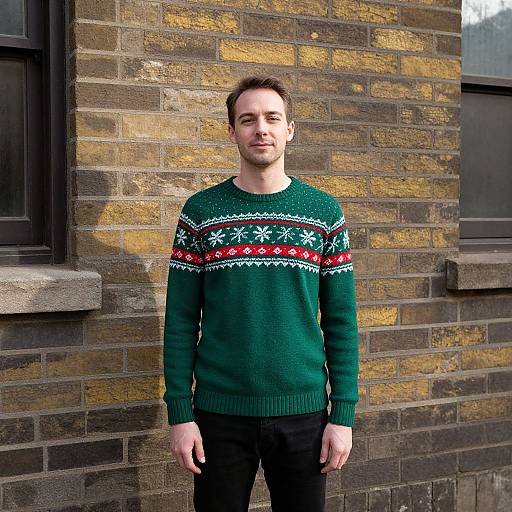 Photograph of a young white man with short brown hair, wearing a green Christmas sweater with white and red patterns, standing against a brick wall.