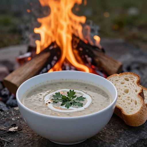 Photograph of creamy soup in a white bowl, garnished with parsley, beside a slice of bread, in front of a burning fire.