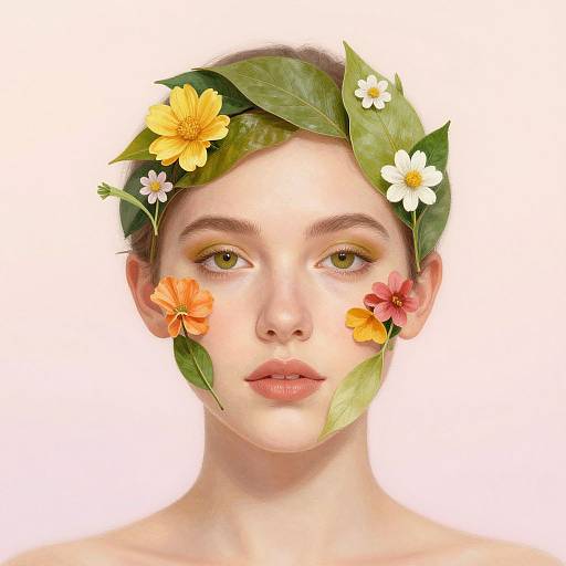 Photorealistic digital portrait of a fair-skinned woman with green eyes, wearing a floral crown of yellow, white, and orange flowers and leaves,