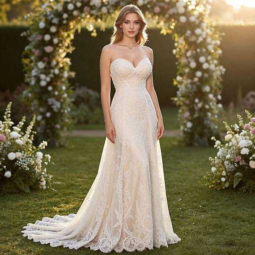 Photograph of a beautiful woman in a white lace strapless wedding dress standing in front of a sunlit floral arch in a garden.