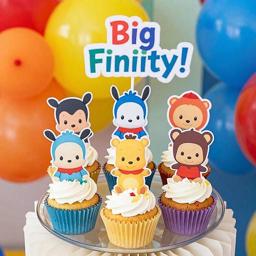 Photograph of colorful, cartoon character toppers on cupcakes, 