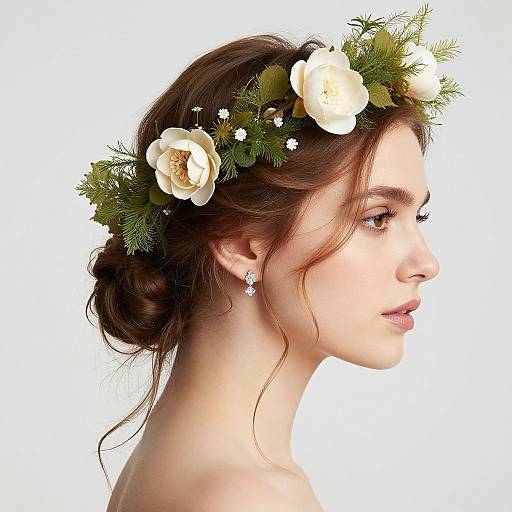 Photograph of a fair-skinned woman with brown hair in a bun, wearing a floral headband with white roses and greenery, and small diamond