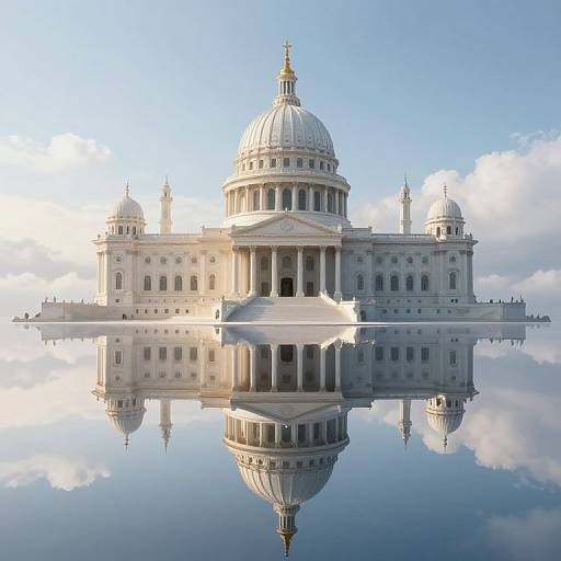 Photorealistic image of a grand white neoclassical building with a central dome, symmetrical design, and reflective water below, under a clear