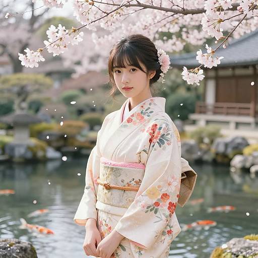 Photograph of an Asian woman in a floral kimono standing by a cherry blossom tree, with a pond and koi fish in the background.