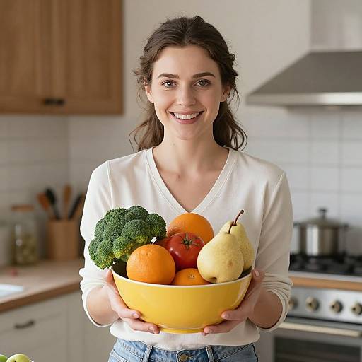 Photograph of a smiling brunette woman in a white sweater holding a yellow bowl with broccoli, oranges, tomatoes, and pears in a bright kitchen.