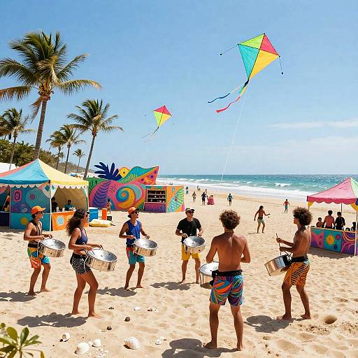 Steel Drum Band Playing on Caribbean Beach During Kite Festival
