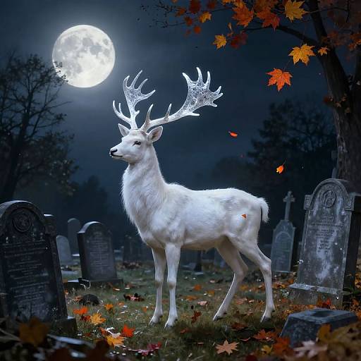 Photograph-style CGI of a white deer with large antlers standing in a moonlit graveyard, surrounded by autumn leaves and tombstones.