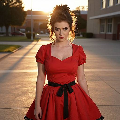 Photograph of a fair-skinned woman with dark hair in an updo, wearing a red, vintage-style dress with a black bow, standing in