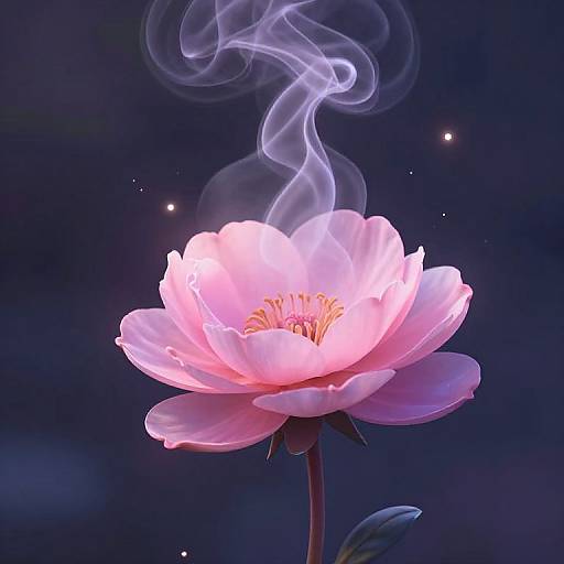 Photograph of a glowing pink peony flower with swirling blue smoke, set against a dark blue, star-speckled background.