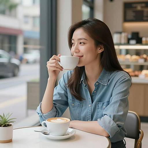 Café Scene with Relaxed Asian Woman