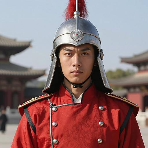 Traditional Asian Temple Guard in Red Uniform