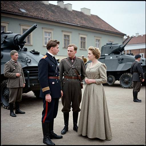 Photograph: 1940s military uniforms, a woman in a beige dress, standing in front of WWII-era tanks, blue building background, three