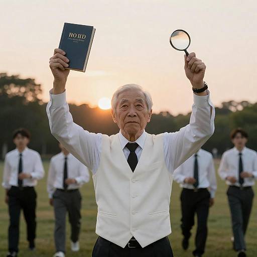 Elderly Man Celebrating with Book and Glass