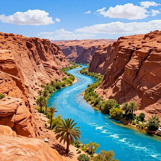 Photograph of a vibrant desert canyon with a winding blue river, surrounded by red rock cliffs, lush greenery, and palm trees under a bright blue