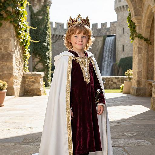Photograph of a young girl with curly brown hair, wearing a black velvet gown, white cape with gold trim, and a gold crown, standing in