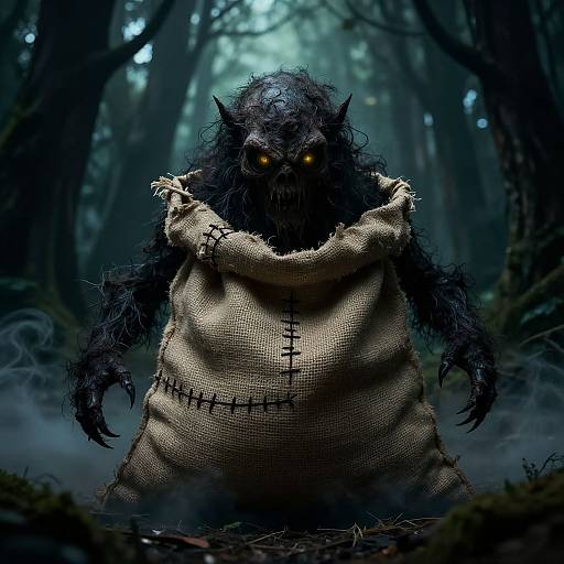 Digital art of a menacing, dark, wolf-like creature with glowing yellow eyes, wrapped in a tattered, stitched burlap sack, standing in