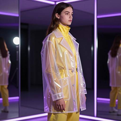 Young Woman in Translucent Coat with Yellow Outfit in Neon Mirror Room