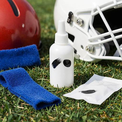 Photograph of white athletic spray bottle with black markings, blue towels, white paper, and red football helmet on green grass.