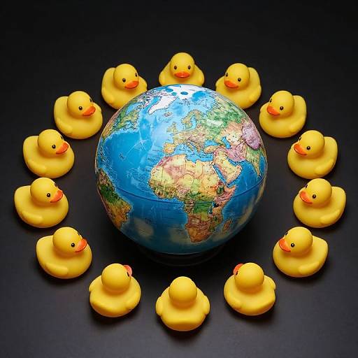 Photograph of a detailed globe surrounded by 12 bright yellow rubber ducks arranged in a circular pattern on a black background.