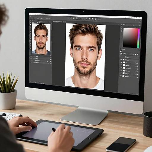 Photograph of a desk with a large monitor displaying a digital portrait of a bearded man, stylized in black and white. Hands draw on a