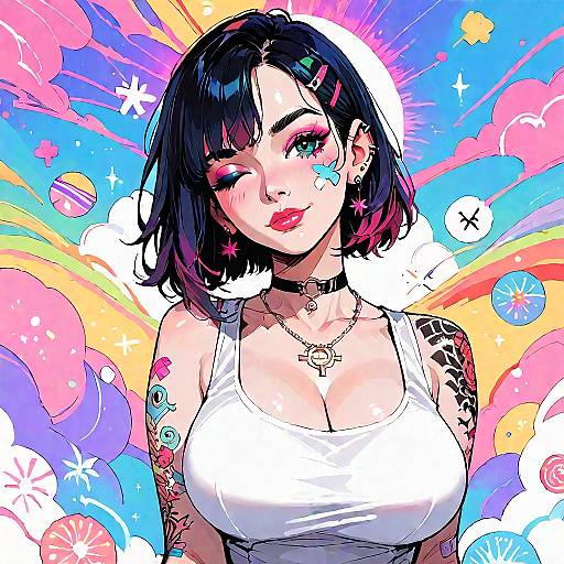 Anime Girl in Colorful Jewelry and Style