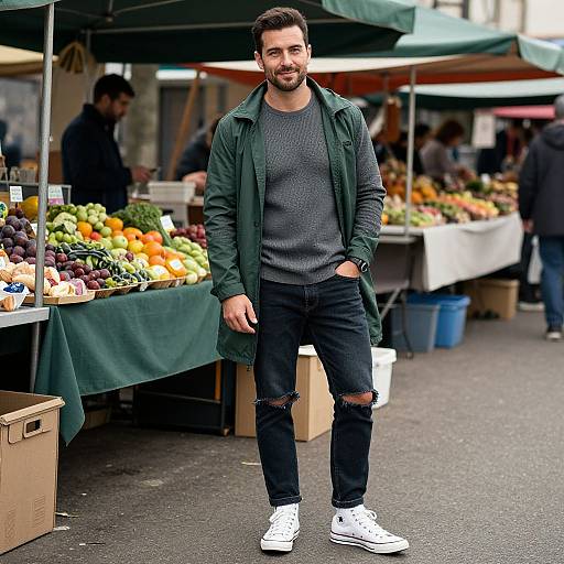 Photograph of a bearded man with short dark hair, wearing a green jacket, gray sweater, ripped black jeans, and white sneakers, standing at
