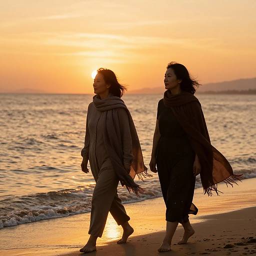 Mature Women Walking Seaside Sunset
