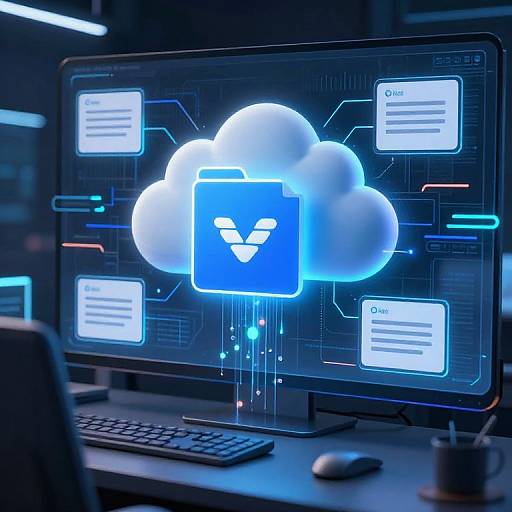 Digital artwork of a glowing blue cloud icon on a dual-monitor setup, displaying white-bordered, neon-blue interface windows with text. Modern, tech-themed workspace