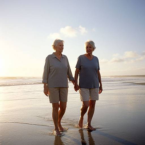 Elderly Couple Strolling Beach Sunset