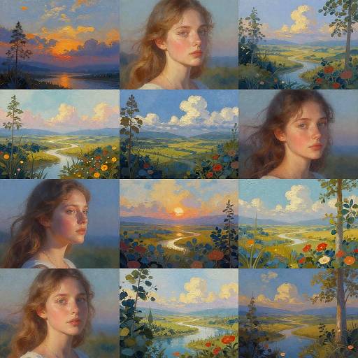 Digital painting collage of a young woman with wavy brown hair, serene expression, in nine vibrant landscape backgrounds with sunset, clouds, flowers, and rivers